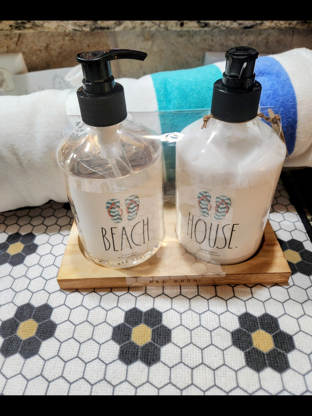 'New' Rae Dunn Beach & House Hand Soap and Lotion Set with Beach Towel - Picture 4 of 7